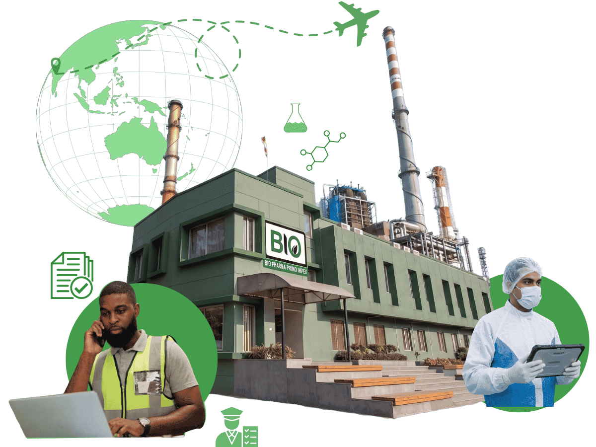 Bio Pharma Primo Impex global manufacturing facility featuring laboratory and logistics professionals representing worldwide pharmaceutical supply.